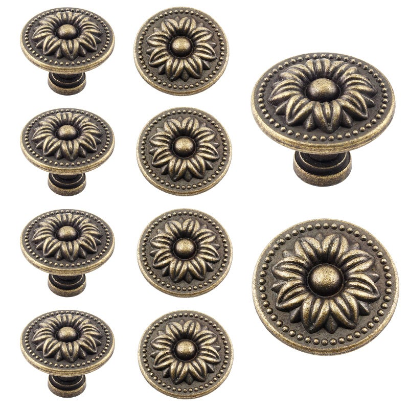 Zorfeter 10 Pcs Antique Bronze Cabinet Knobs Pull Vintage Rustic Style Drawer Knobs Decorative Round Handles for Furniture Cupboard Dresser