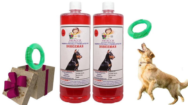swacch Shampoo | Puppy Safe Shampoo | PH Balanced | Doberman Dog Shampoo 1 Litre Pack of 2 Strawberry + | O PVC Ring Rubber Chew Toy | Teething Chew Toy I Dental Teething I Durable I Combo Pack - Image 1