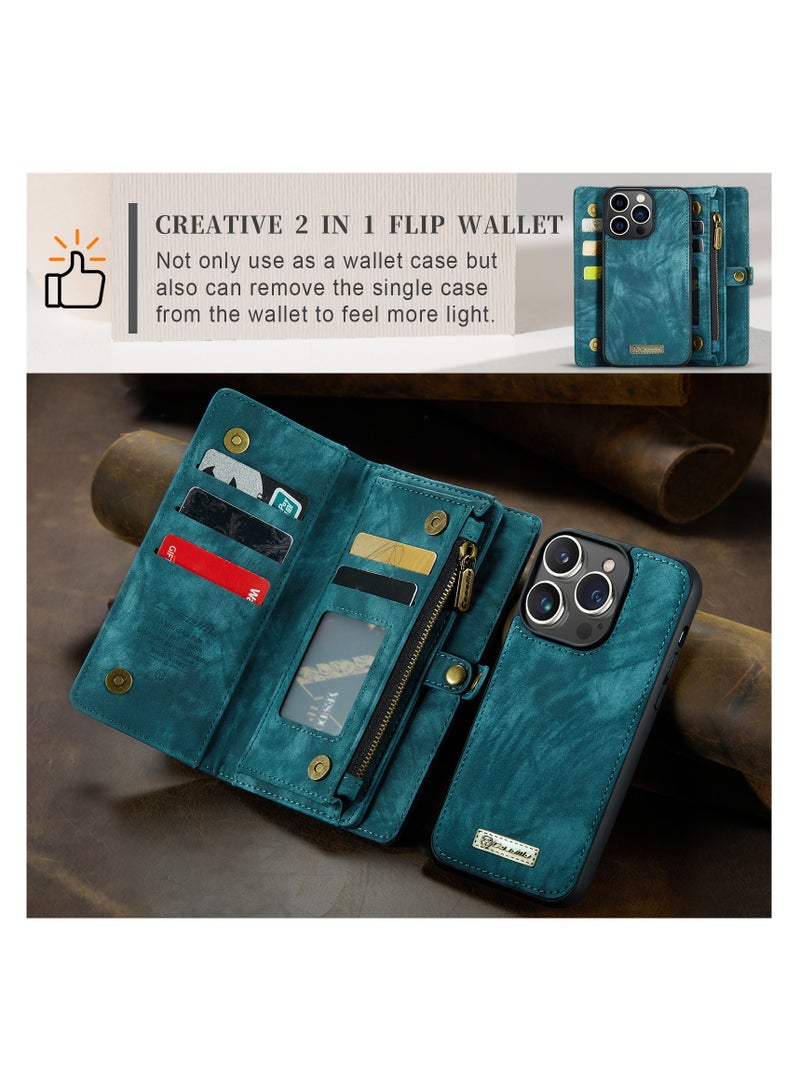Protective Phone Cover Case Wallet Case For Apple iPhone 14 Pro Max, 2 in 1 Detachable Premium Leather Magnetic Zipper Pouch Wristlet Flip Phone Case (Blue)