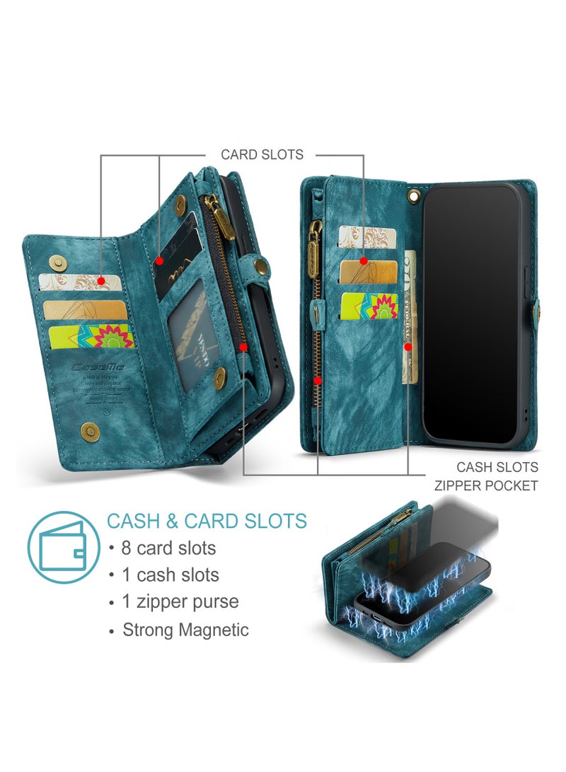 Protective Phone Cover Case Wallet Case For Apple iPhone 14 Pro Max, 2 in 1 Detachable Premium Leather Magnetic Zipper Pouch Wristlet Flip Phone Case (Blue)