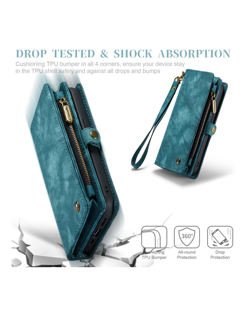 Protective Phone Cover Case Wallet Case For Apple iPhone 14 Pro Max, 2 in 1 Detachable Premium Leather Magnetic Zipper Pouch Wristlet Flip Phone Case (Blue)