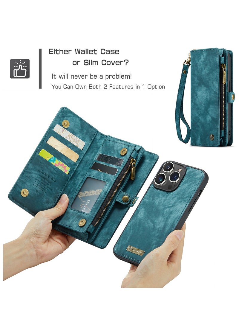 Protective Phone Cover Case Wallet Case For Apple iPhone 14 Pro Max, 2 in 1 Detachable Premium Leather Magnetic Zipper Pouch Wristlet Flip Phone Case (Blue)