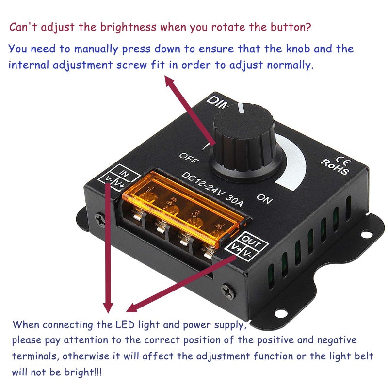 SUPERNIGHT LED Light Strip Dimmer, DC12V-24V 30A PWM Dimming Controller for Dimmer Knob Adjust Brightness ON/Off Switch with Aluminum Housing (Aluminum Dimmer) - Image 4