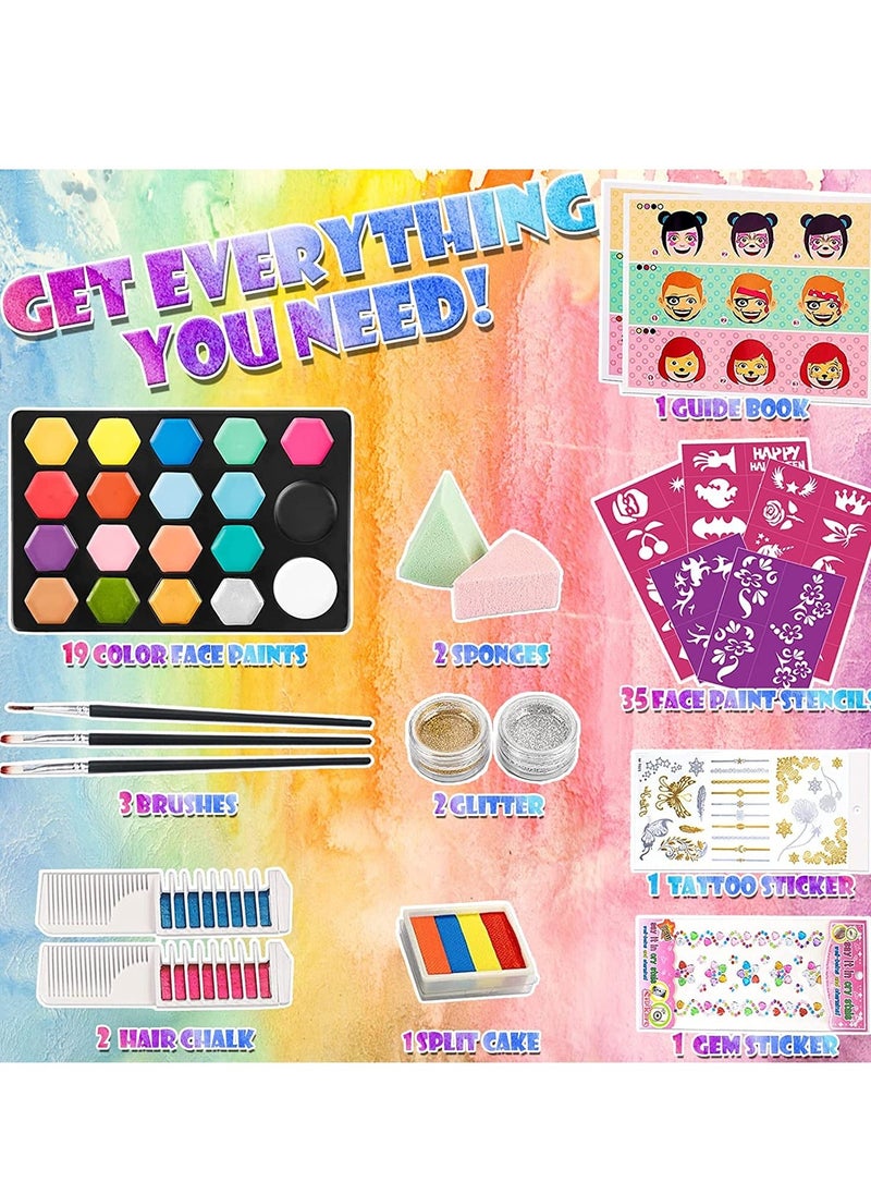 Generic - 37 PCS Face Painting Kits for Kids, 19 Colors Water Based  Quick Dry Body Face Paint Set with 35 Stencils  3 Brushes,Sticker,Sponge, Professional  Makeup Kit E aster Carnival - Image 1
