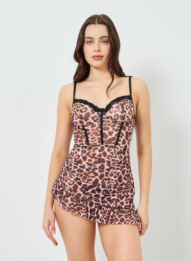 Styli Animal Print Corset Underwired Ruffle Slip and Brief - Image 1