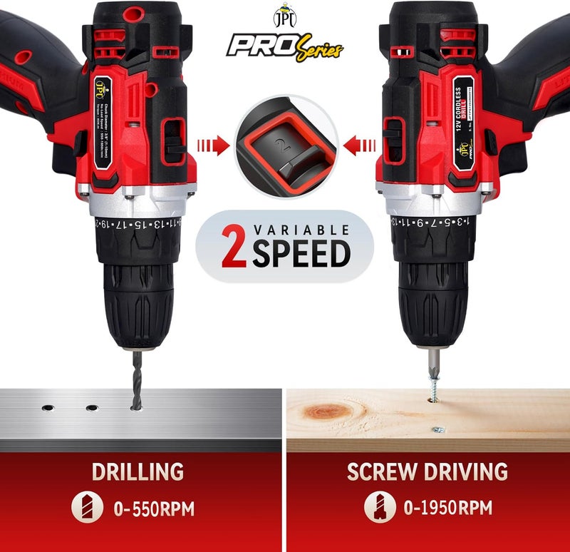 JPT آلة حفر لاسلكية من سلسلة برو JPT 12 فولت قوية 45Nm عزم دوران 1950 دورة في الدقيقة سرعة 251 قفل 2 صندوق تروس 38 قابض بدون مفتاح 1500mAh بطارية شاحن سريع 600 وات أحمر - Image 5