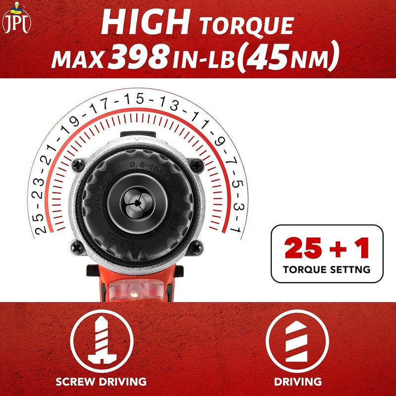 JPT آلة حفر لاسلكية من سلسلة برو JPT 12 فولت قوية 45Nm عزم دوران 1950 دورة في الدقيقة سرعة 251 قفل 2 صندوق تروس 38 قابض بدون مفتاح 1500mAh بطارية شاحن سريع 600 وات أحمر - Image 2