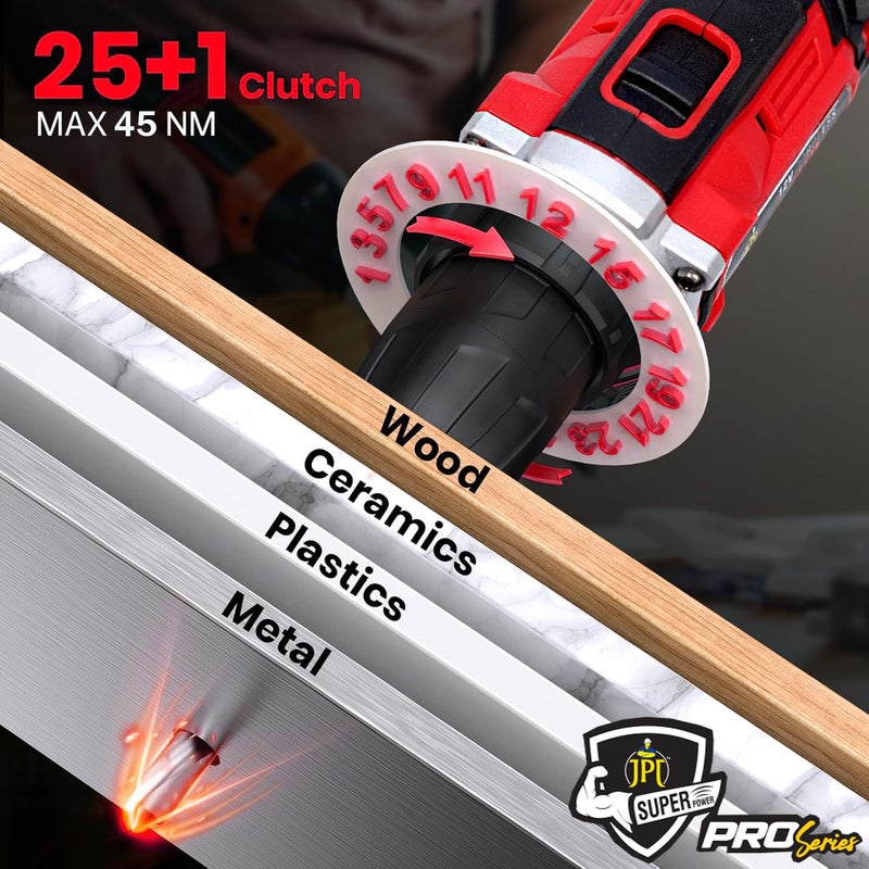 JPT آلة حفر لاسلكية من سلسلة برو JPT 12 فولت قوية 45Nm عزم دوران 1950 دورة في الدقيقة سرعة 251 قفل 2 صندوق تروس 38 قابض بدون مفتاح 1500mAh بطارية شاحن سريع 600 وات أحمر - Image 4