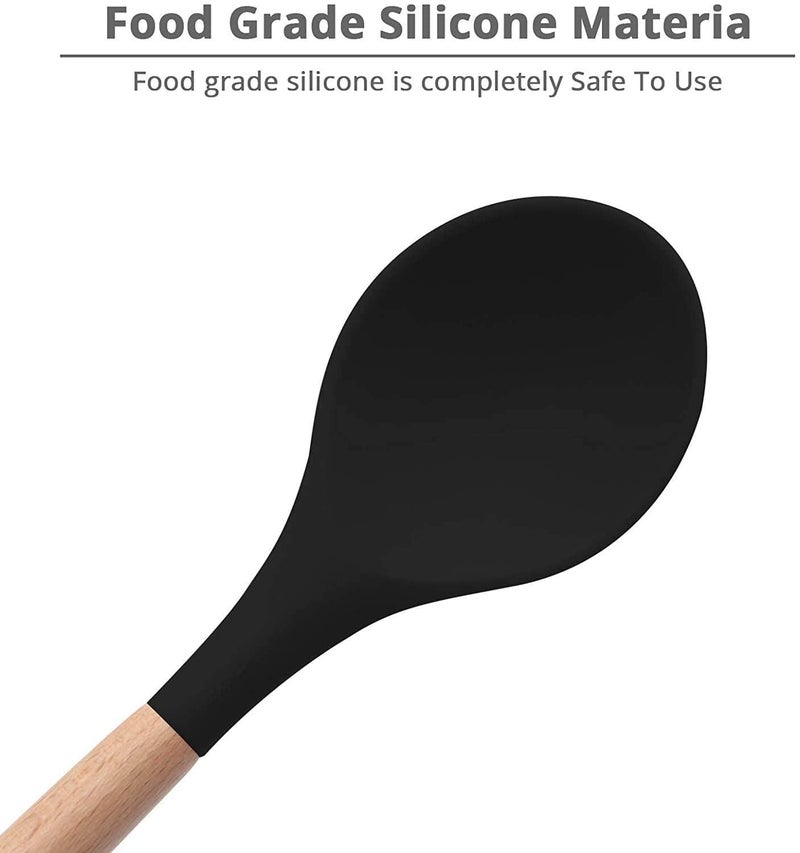 P-Plus International Wooden Handles BPA Free Non Toxic Silicone Turner Spatula Spoon Kitchen Gadgets Utensil Set for Nonstick Cookware (Black, Pack of 1) - Image 3