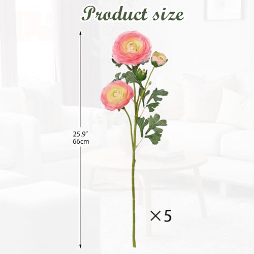 Briful Pink Ranunculus Artificial Flowers Bouquets, Set of 5 25.9'' Long Stems Faux Peony, Real Touch Spring Summer Floral Arrangement for Home Decor Wedding Vase Filler DIY Crafts - Image 2