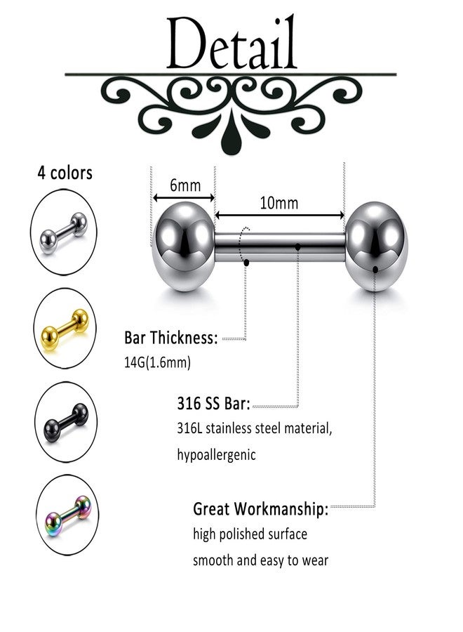 Zysta 4 Pairs Stainless Steel 14/16G Mixed Colors Body Piercing Barbells 6-16mm Post Studs Earring NippleTongue Helix Tragus Cartilage Labret Medusa Lip Eyebrow Straight Bar Ball Screw …, Metal - Image 2