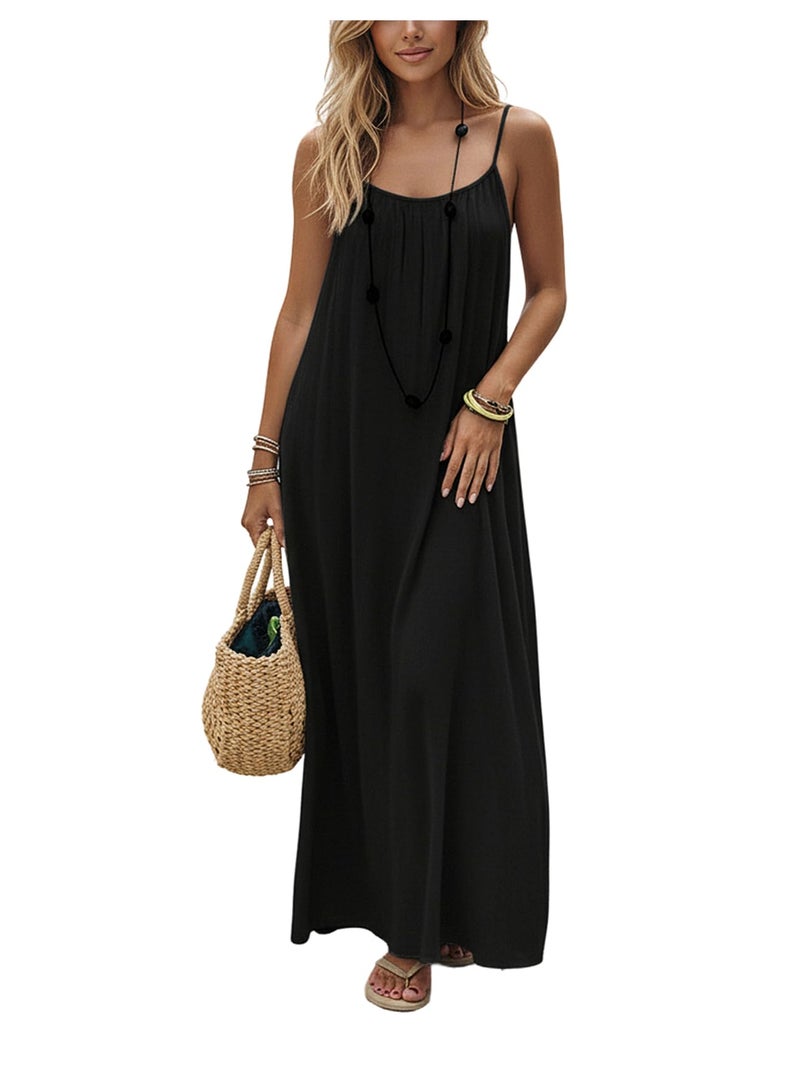 SHENHE Women's Open Back Spaghetti Strap Beach Maxi Dress Loose Flowy Vacation Sundress Black X-Small - Image 1