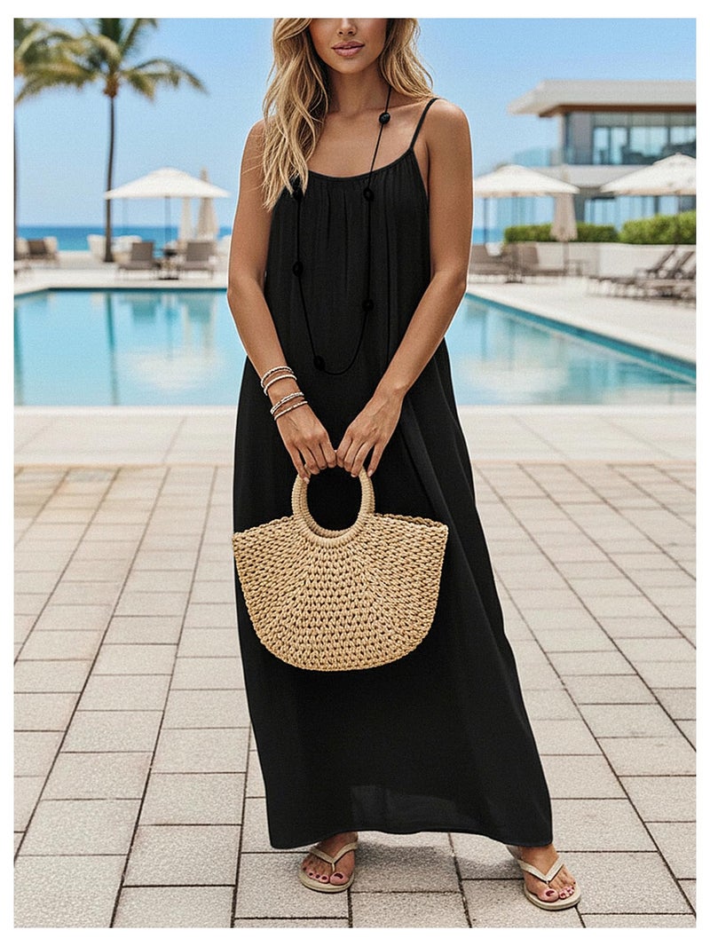 SHENHE Women's Open Back Spaghetti Strap Beach Maxi Dress Loose Flowy Vacation Sundress Black X-Small - Image 3
