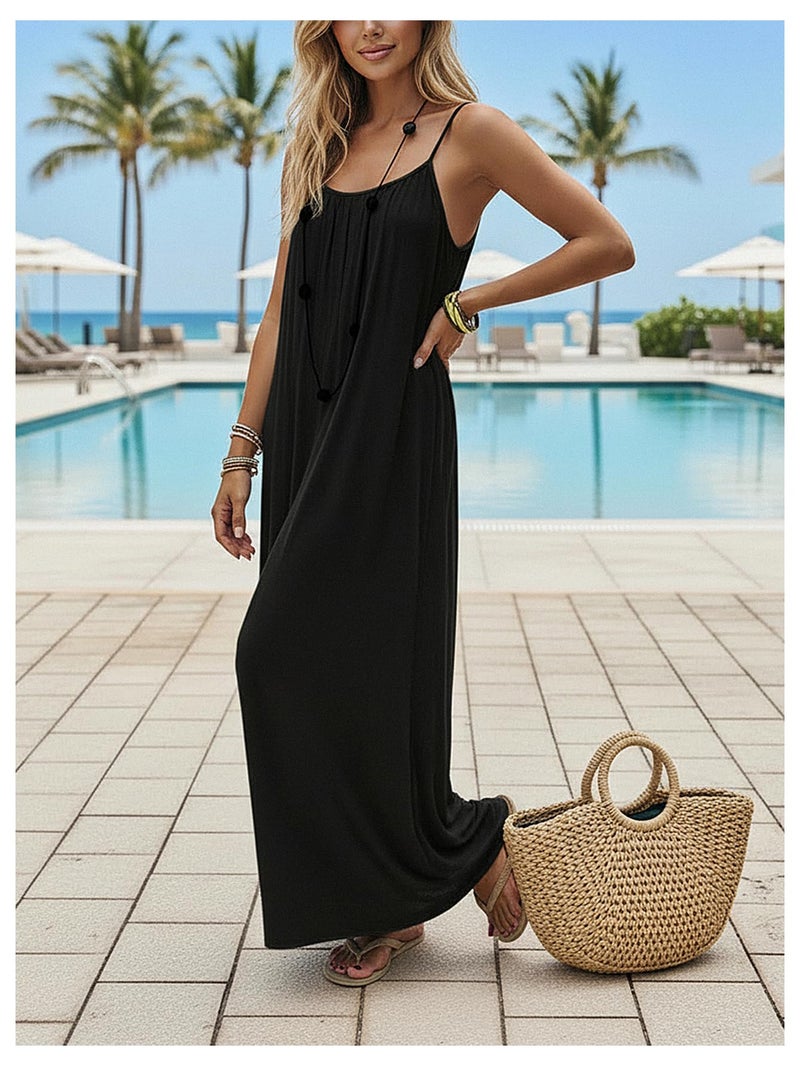 SHENHE Women's Open Back Spaghetti Strap Beach Maxi Dress Loose Flowy Vacation Sundress Black X-Small - Image 5