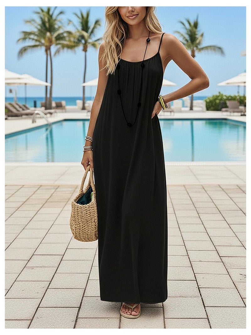 SHENHE Women's Open Back Spaghetti Strap Beach Maxi Dress Loose Flowy Vacation Sundress Black X-Small - Image 4