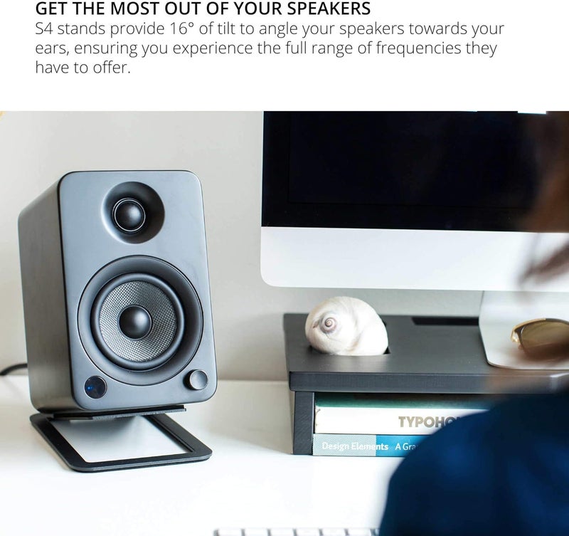Kanto S4 Tilted Desktop Speaker Stands for Medium Bookshelf Speakers & Mid-Size 3”-4” Studio Monitors | Supports 8 lbs | Damping Foam Padding | ¼”-20 Mounting | Pair | Black - Image 4
