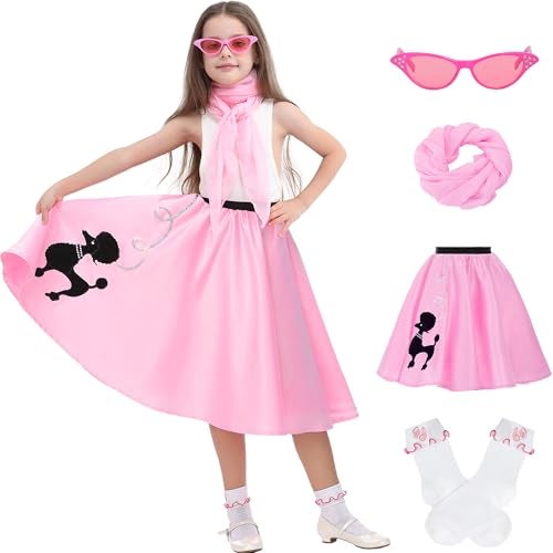Wizland 100 Days of School Costume Kid Poodle Skirts 50s Outfit For Grils Kids 1950s Outfits Costumes Sock Hop Dresses 5pcs With Socks Scarf Glasses 810 - Image 1