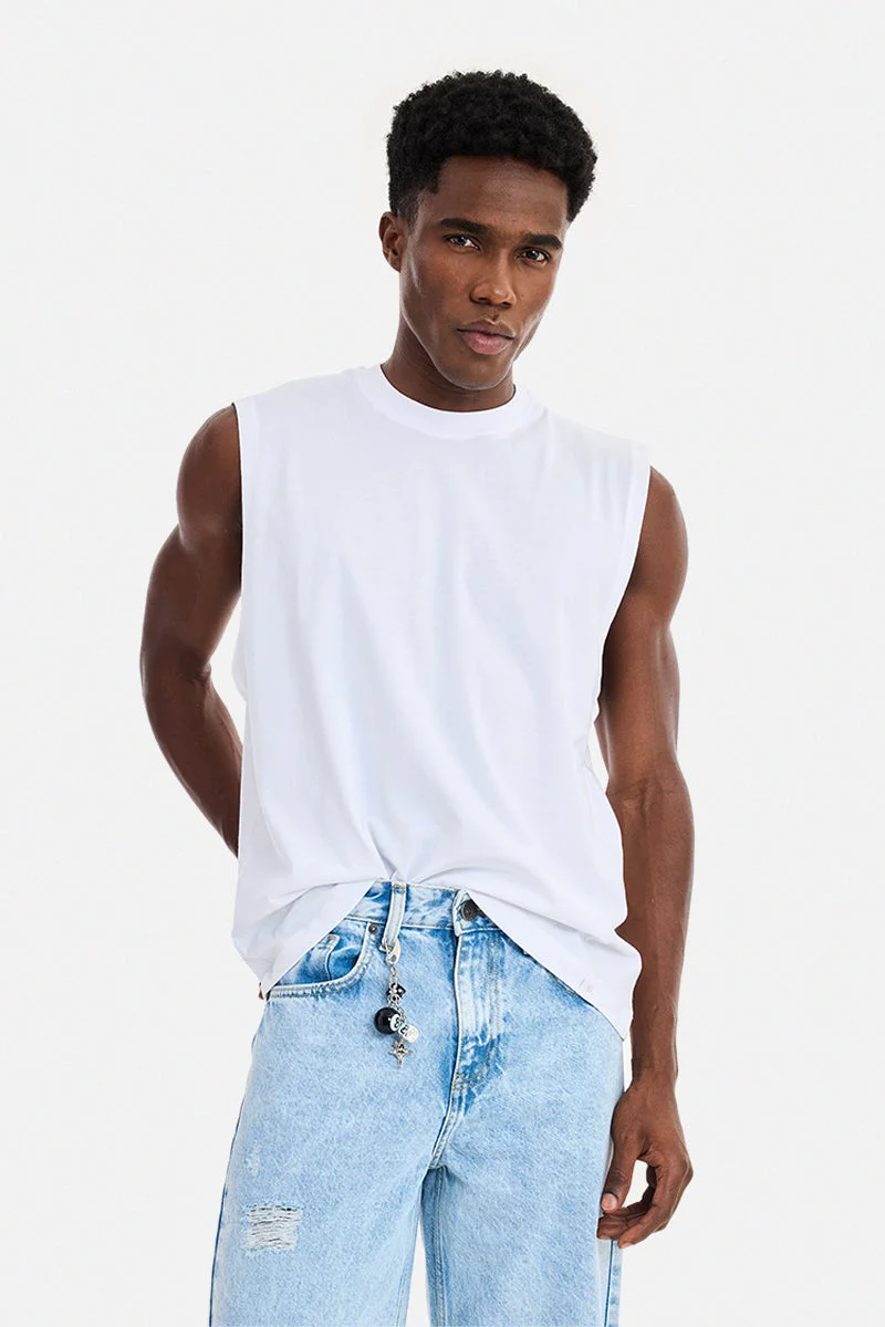 سنيتش White Solid Sleeveless Casual T-Shirt