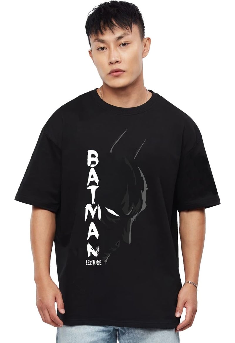 LEOTUDE Men's Oversized Half Sleeve Round Neck Cottonblend Tshirt (FS49_BLK_Batman_P_Black_S) - Image 1