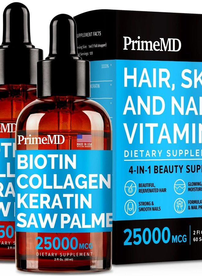 PrimeMD ببتيدات الكولاجين السائلة للنساء - مركب مع فيتامين البيوتين وبروتين الكيراتين المحلل ونخيل المنشار - تركيبة شاملة لصحة الشعر والبشرة والأظافر - 2 أونصة سائلة (عبوة من قطعتين) - Image 1