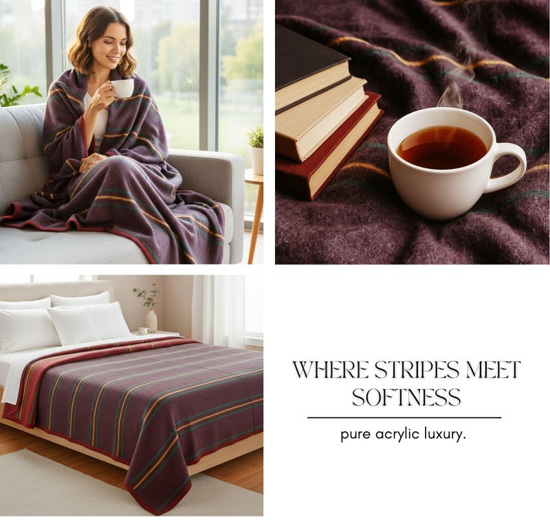 VAS COLLECTIONS Premium Wool Blend Stripe Blanket | 500 GSM | Soft, Warm & Lightweight | Full Size 152x228 cm (60x90 inches) | 1.8 Kg | Ideal for Winter & All Seasons | Grey & Green Stripes - Image 4