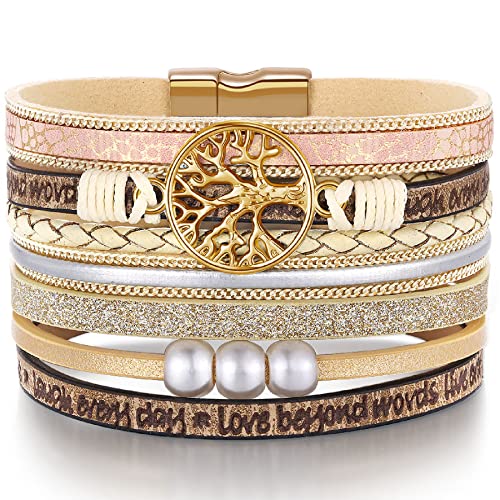 Desimtion Inspirational Gifts, Tree of Life Leather Bracelets for Women, Trendy Stuff for Teen Girls, Christmas Birthday Gifts for Women Girls Mom - Bohemian Boho Jewelry Beige - Image 1