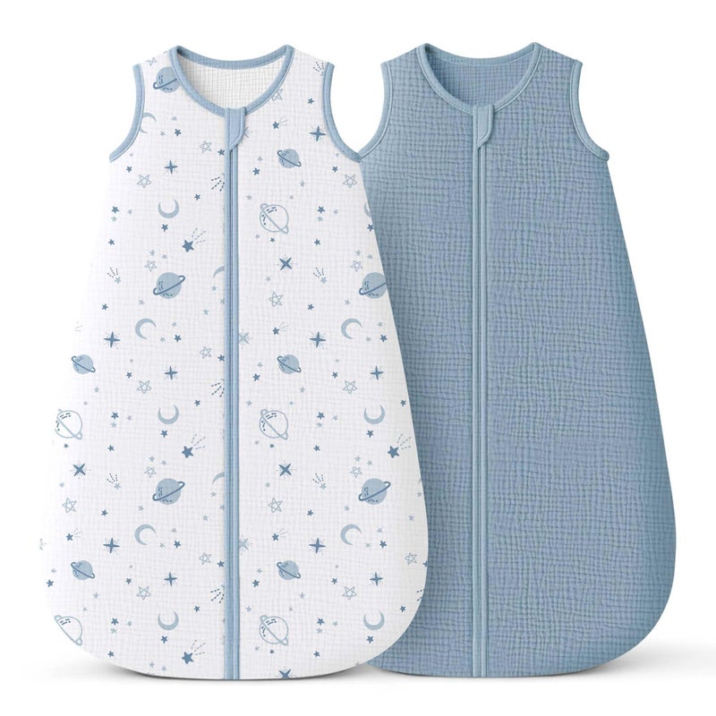 Konssy Muslin Baby Sleep Sack 6-12 Months 0.8 TOG, 2 Pack 100% Cotton Wearable Blanket for Babies, 2-Way Zipper Breathable Sleeping Sack Infant Toddler Essentials for Girls and Boys (Star, Blue) - Image 1