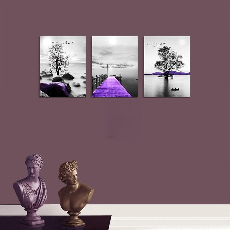 DZRWUBHS Canvas Wall Art For Living Room Canvas Wall Decorations For Bedroom Modern Bathroom Wall Decor Painting Black And White Canvas Pictures Artwork Purple Scenery Canvas Art Prints Dormitory Decor 3 Piece - Image 5