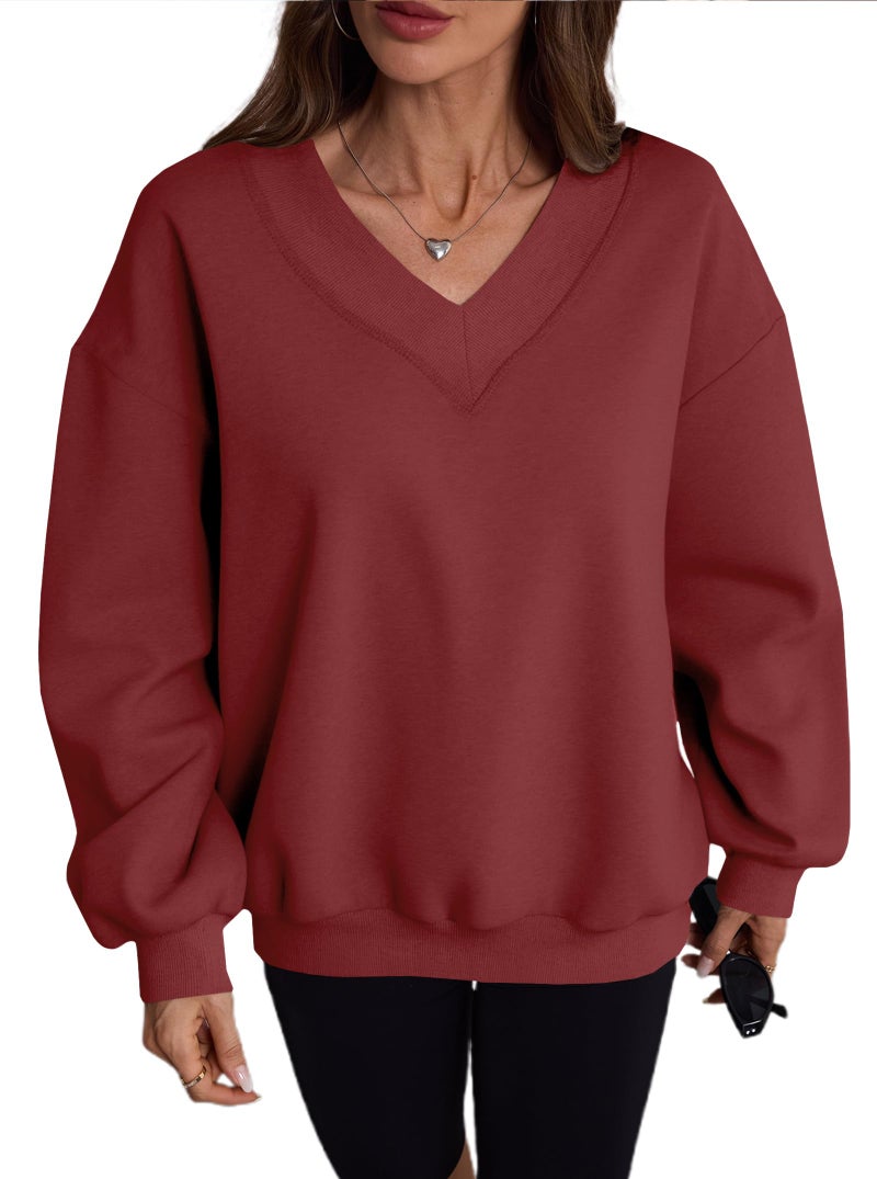 Hilinker Womens V Neck Oversized Sweatshirts Cute Pullover Drop Shoulder Long Sleeve Tops Burgundy Large - Image 5