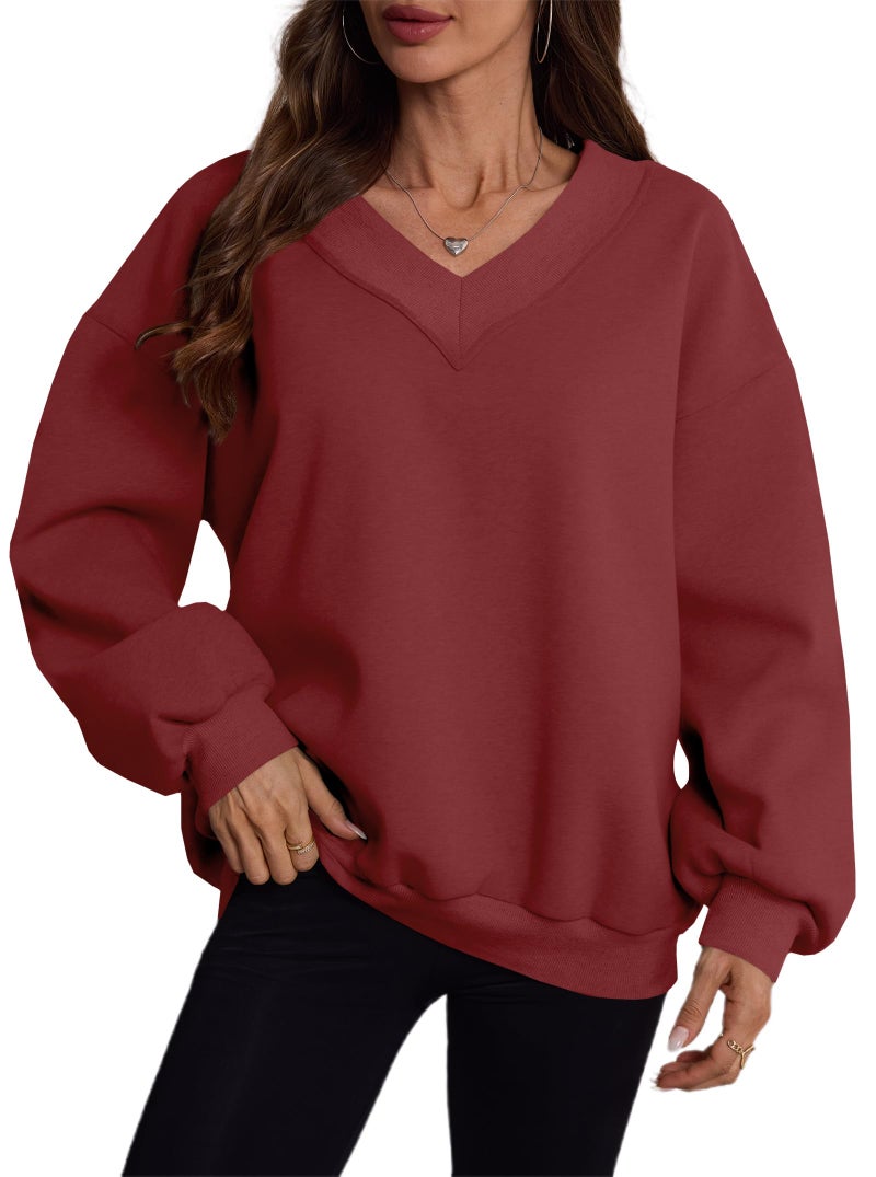 Hilinker Womens V Neck Oversized Sweatshirts Cute Pullover Drop Shoulder Long Sleeve Tops Burgundy Large - Image 2