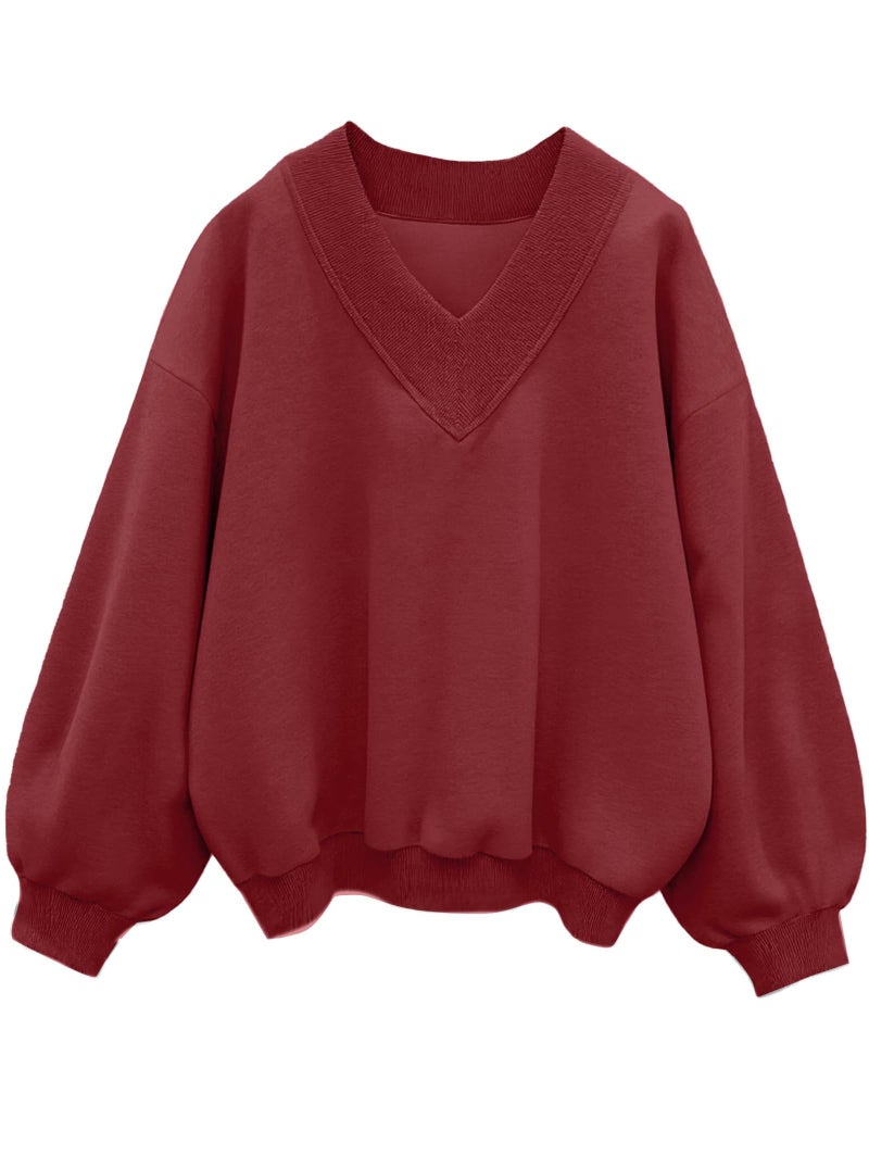 Hilinker Womens V Neck Oversized Sweatshirts Cute Pullover Drop Shoulder Long Sleeve Tops Burgundy Large - Image 1