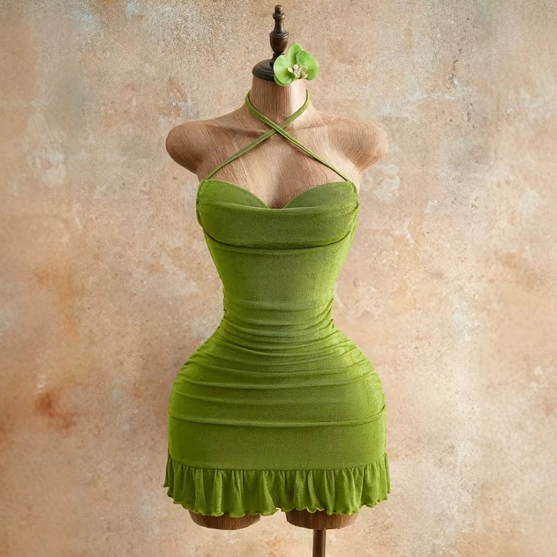 Women's Summer Solid Ruffle Hem Halter Mini Dress - Image 4