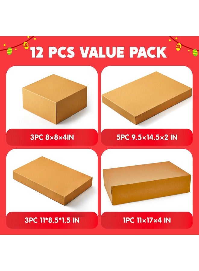 جوين JOYIN 12 صندوق هدايا من الورق المقوى البني مع أغطية للهدايا، صناديق تغليف أردية القمصان الكبيرة بعمق 4 بوصات لعطلة عيد الميلاد، 4 أحجام مختلفة من صناديق الكب كيك والملابس الداخلية الاحتفالية لعيد الميلاد - Image 1