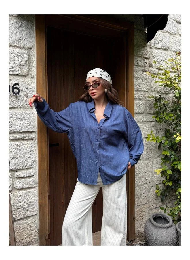 mina aise Stone-Embellished Oversized Tencel Shirt Navy 31067.