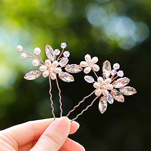 Catery Flower Bride Wedding Hair Pins Crystal Pearl Hair Set Jewelry Headpieces Bridal Decorative Hair Accessories for Women Pack of 2 (Rose Gold) - Image 3