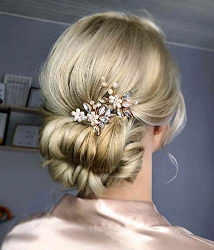 Catery Flower Bride Wedding Hair Pins Crystal Pearl Hair Set Jewelry Headpieces Bridal Decorative Hair Accessories for Women Pack of 2 (Rose Gold) - Image 4
