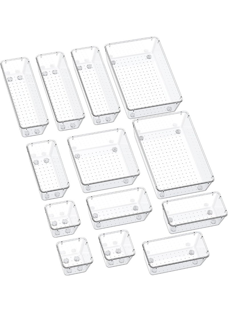 MileMelo 13 PCS Clear Plastic Drawer Organizers Set, 5-Size Versatile Bathroom and Vanity Drawer Organizer Trays, Storage Bins for Makeup, Bedroom, Kitchen Gadgets Utensils and Office - Image 1