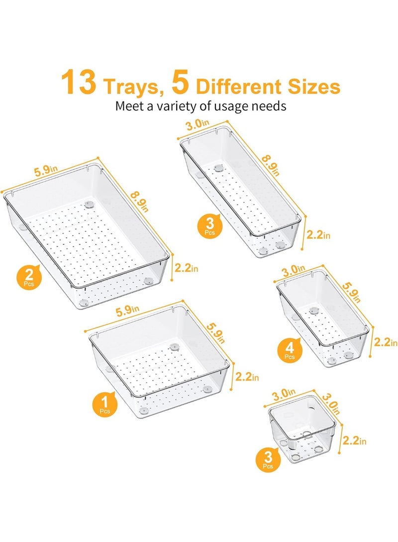 MileMelo 13 PCS Clear Plastic Drawer Organizers Set, 5-Size Versatile Bathroom and Vanity Drawer Organizer Trays, Storage Bins for Makeup, Bedroom, Kitchen Gadgets Utensils and Office - Image 2