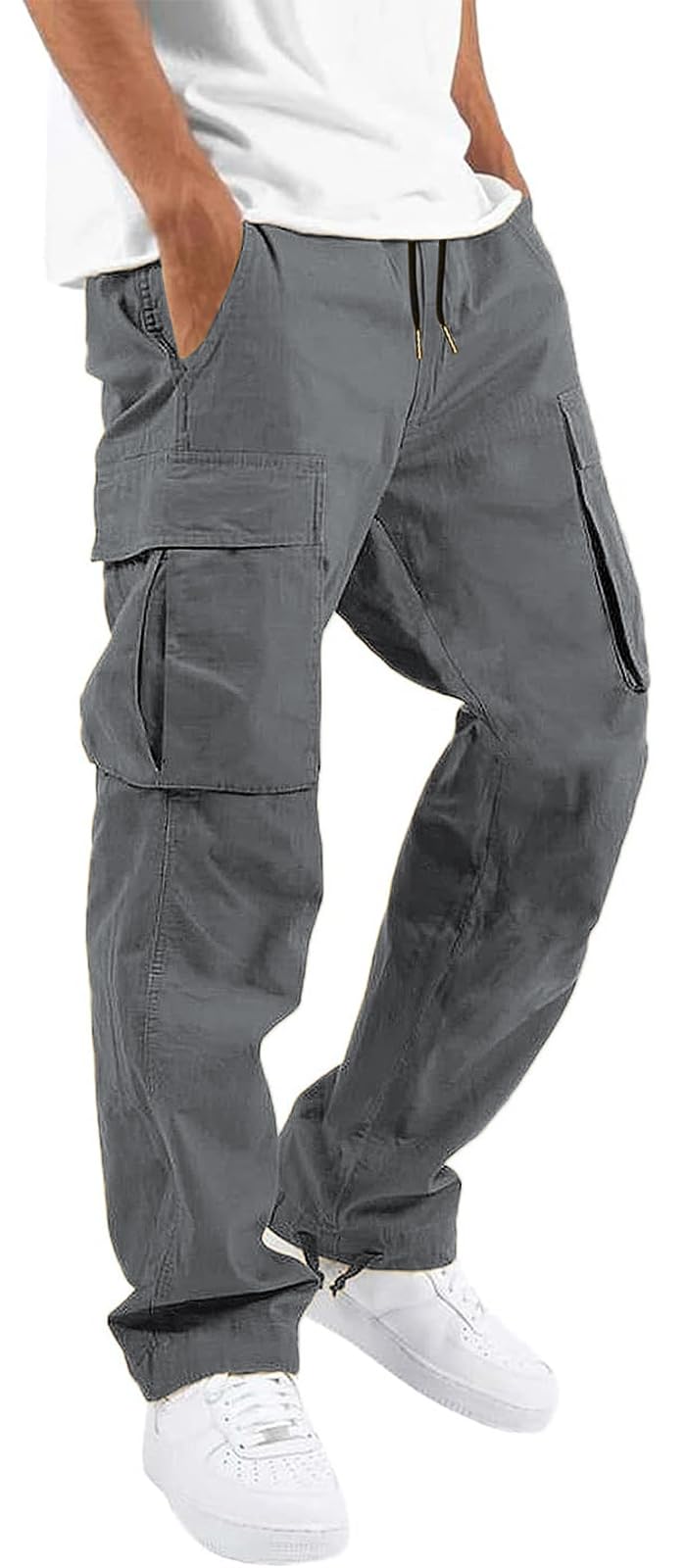 HUNGSON Mens Cargo Pants Drawstring Casual Hiking Pants Joggers Athletic Trousers Cotton Loose Straight Sweatpants for Men Dark Grey
