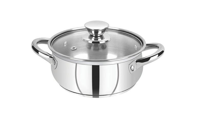 AL Anjali Life Time Multipurpose Belly Cooking and Serving Pot with Glass Lid Stainless Steel Induction BottomEncapsulated Bottom Induction Gas Compatible Mirror Finish 20 CM 25 liters Silver