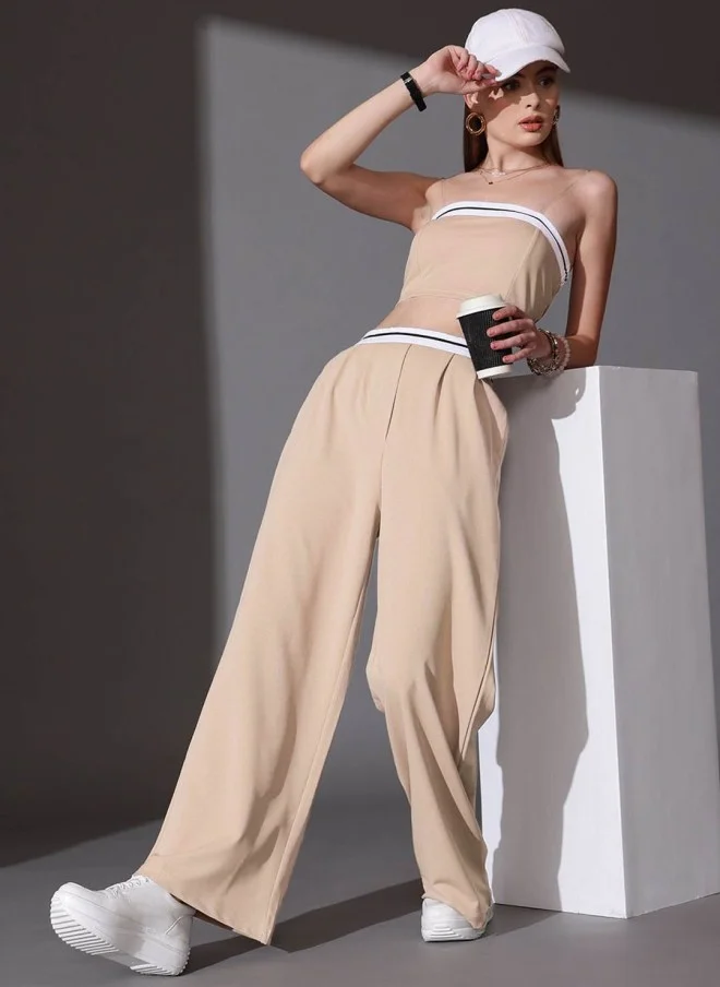 STREET 9 Beige Off Shoulder Top & Trousers Co-ord Set for Women