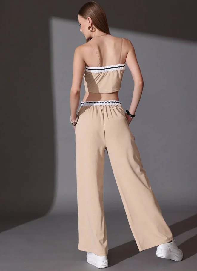 STREET 9 Beige Off Shoulder Top & Trousers Co-ord Set for Women