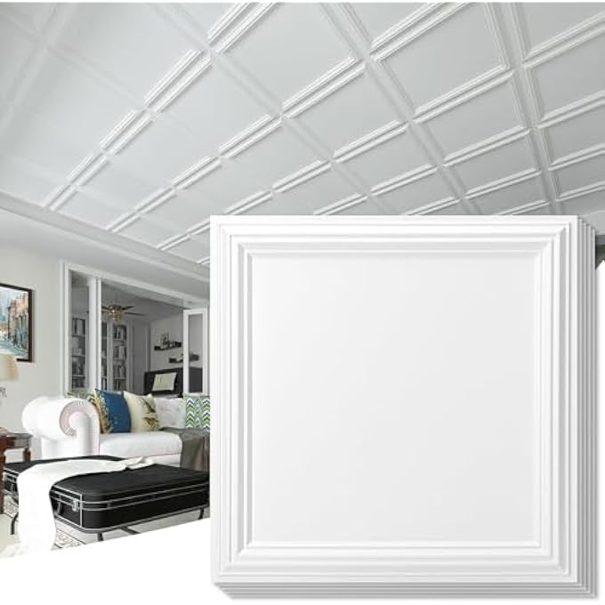 12-PACK DROP RELIEF CEILING TILES FOR HOME, OFFICE & COMMERCIAL SPACE, 24 X 24IN PVC WATERPROOF 3D WALL PANELS COVER 48 SQ. FT, WHITE - Image 3
