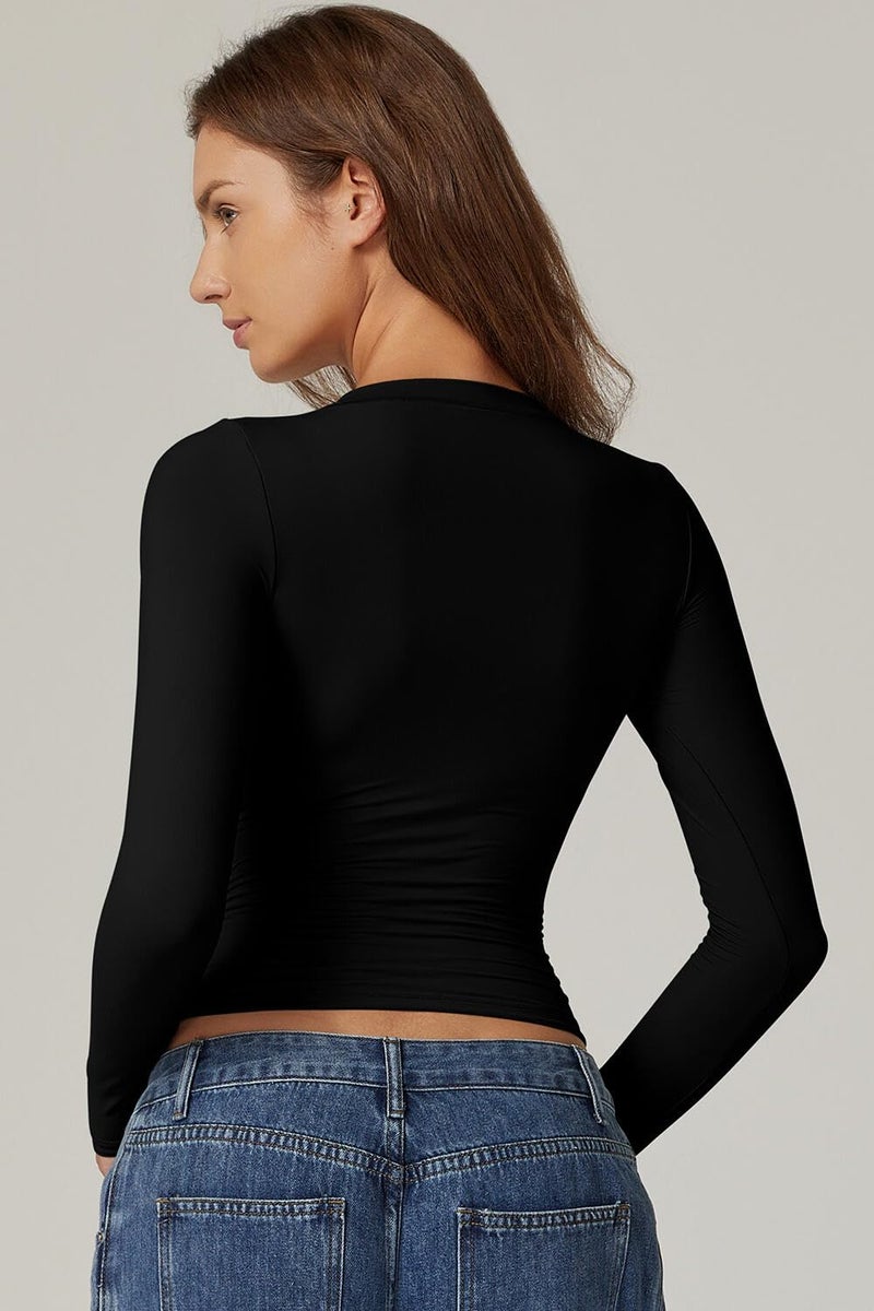 QINSEN Long Sleeve Shirts for Women Round Neck Basic Double Lined Tees Fitted Crop Tops Black XL - Image 2