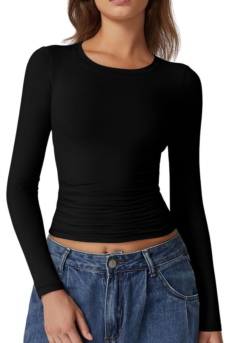 QINSEN Long Sleeve Shirts for Women Round Neck Basic Double Lined Tees Fitted Crop Tops Black XL - Image 1