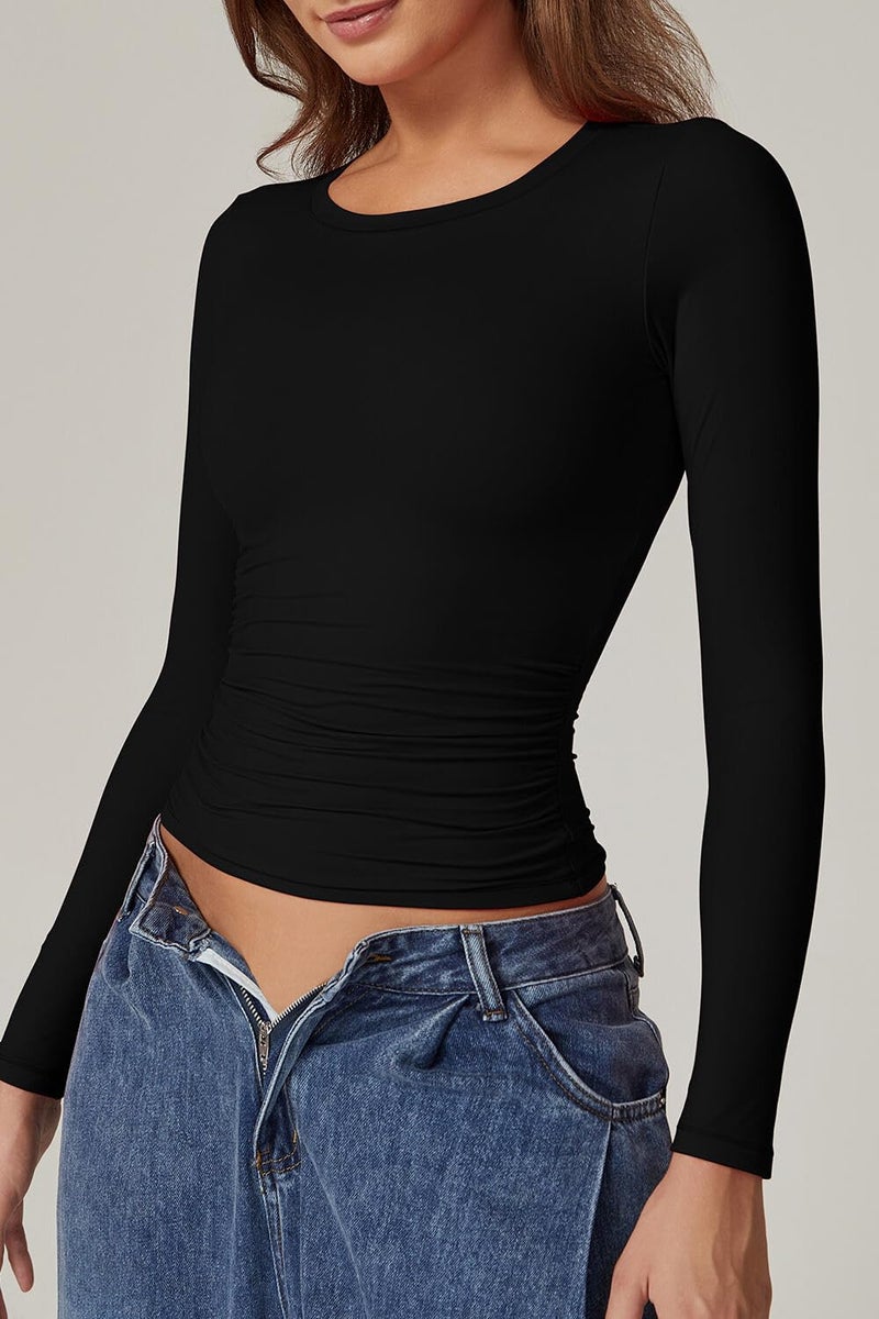 QINSEN Long Sleeve Shirts for Women Round Neck Basic Double Lined Tees Fitted Crop Tops Black XL - Image 3