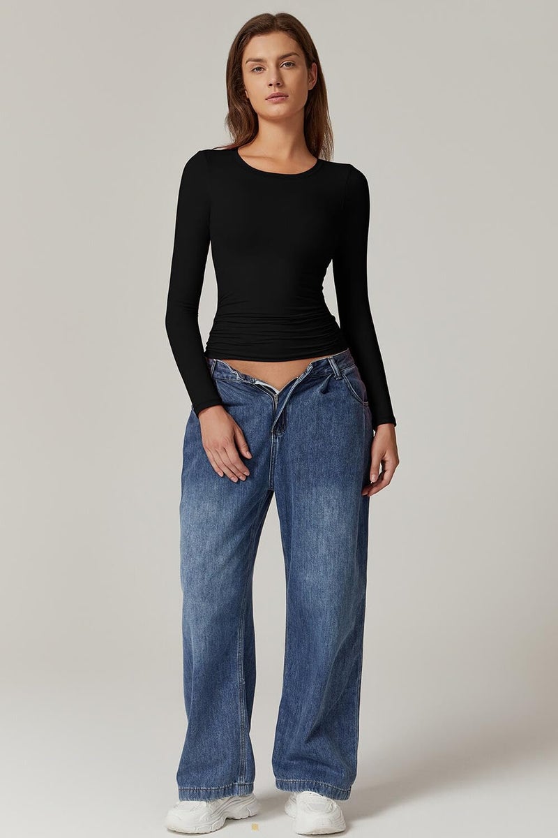 QINSEN Long Sleeve Shirts for Women Round Neck Basic Double Lined Tees Fitted Crop Tops Black XL - Image 5