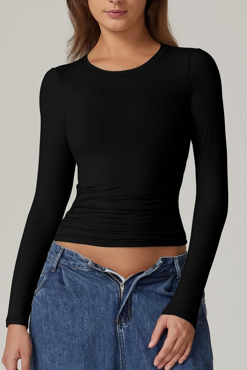 QINSEN Long Sleeve Shirts for Women Round Neck Basic Double Lined Tees Fitted Crop Tops Black XL - Image 4