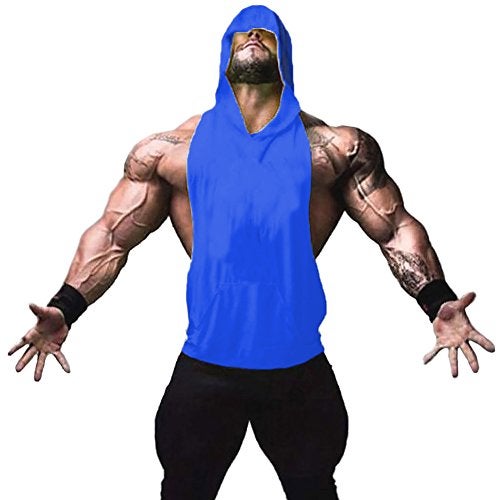 ZUEVI Men's Muscle Sleeveless Hoodies Tank Tops Gym Workout Hooded Bodybuilding Stringer T Shirt (Blue-L) - Image 1