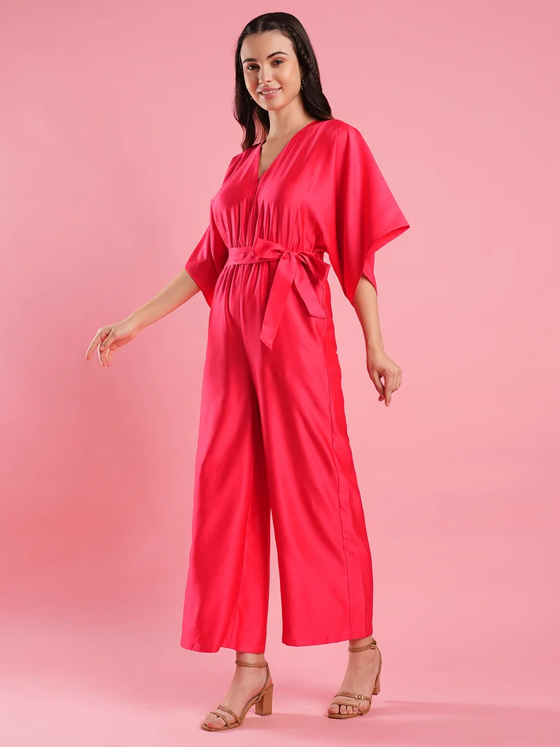 globus Globus Women V-Neck Kimono Style Extended Sleeves Waist Tie-Up Wide Leg Basic Jumpsuit